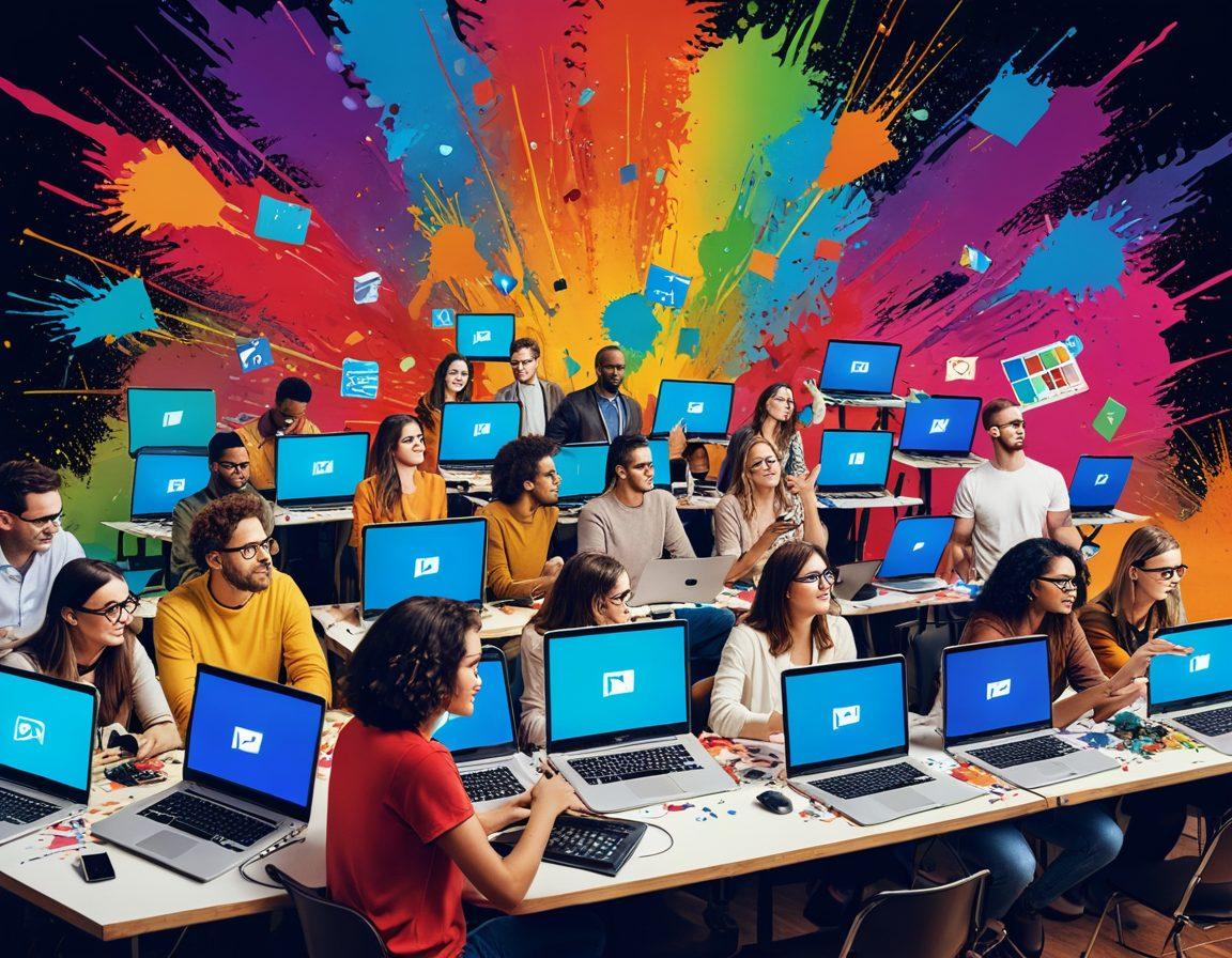 A colorful collage featuring a diverse group of people brainstorming ideas, surrounded by laptops, cameras, and streaming equipment. Incorporate elements of vibrant creativity such as paint splashes, film reels, and social media icons. Include inspiring quotes in funky typography in the background. The scene should exude energy and passion for content creation. vibrant colors. digital art.