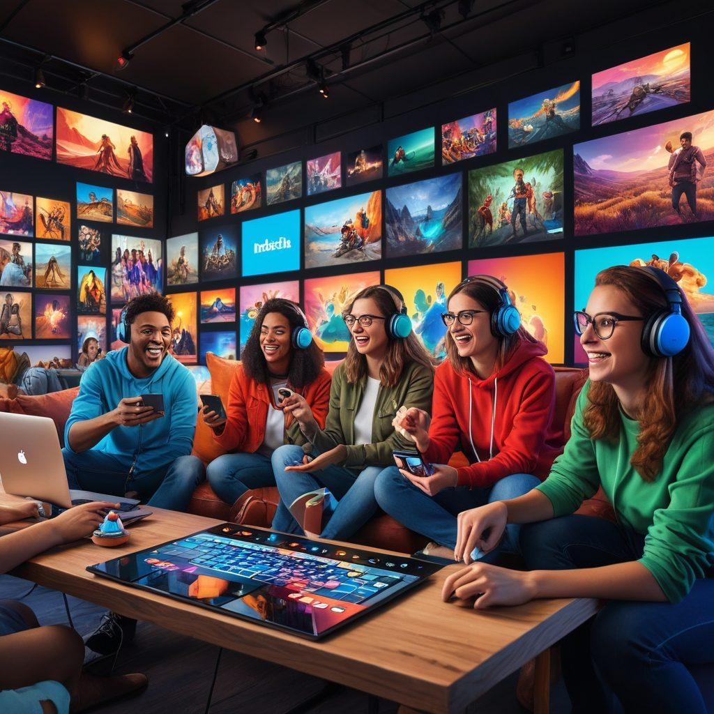 A dynamic scene depicting a diverse group of content creators passionately filming engaging video content. Elements of vibrant streaming platforms' icons surround them, showcasing popular genres like gaming, cooking, and travel. Incorporate lively expressions and energetic poses, with a backdrop of a colorful digital landscape filled with screens and social media interactions. The atmosphere should evoke creativity and excitement. super-realistic. vibrant colors. 3D.