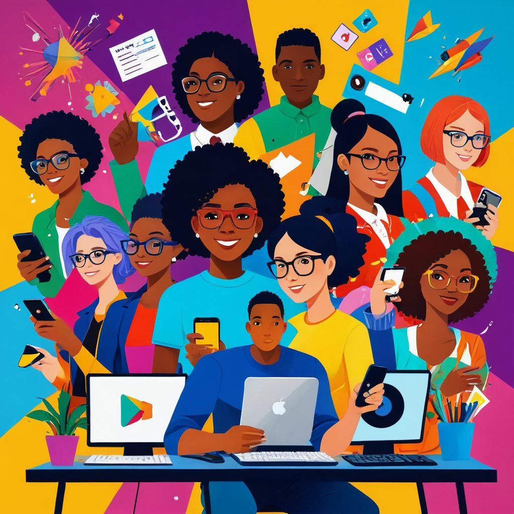 A vibrant, dynamic collage showcasing various entertainment mediums, including tutorial videos, user reviews, gaming interfaces, and DIY projects. Incorporate diverse characters engaged in different activities, like watching a tutorial on a computer, reviewing a game on a smartphone, and crafting or creating with joy. Use bright colors and engaging visual elements to evoke a sense of community and creativity. super-realistic. vibrant colors. collage style.